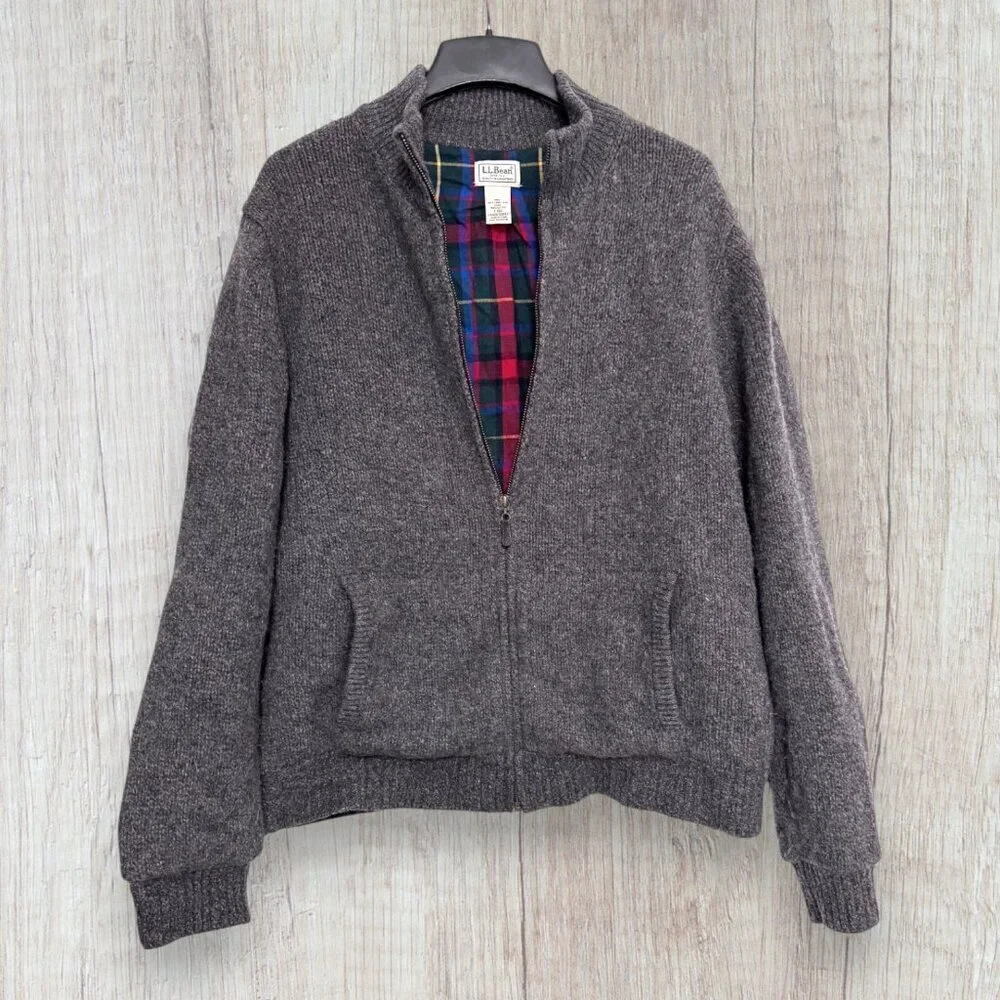 LL Bean Lambswool Bomber Jacket Gray Tartan Lined Zip Front Classic Coat Mens L